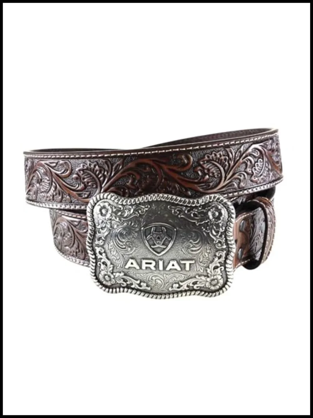 Men's Floral Embossed Leather Belt with Cowboy Buckle